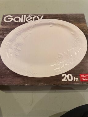 Gallery White Oval Serving Platter with Floral Relief